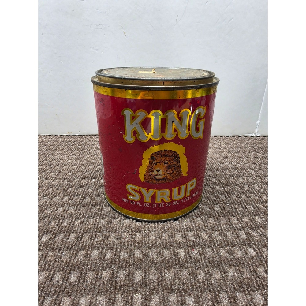 Vintage King Syrup Tin Canister Lion Logo 60 oz Red Gold Advertising Decor